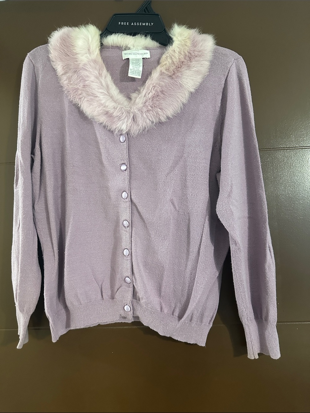 Worthington Mauve Cardigan Sweater Faux Fur Collar.